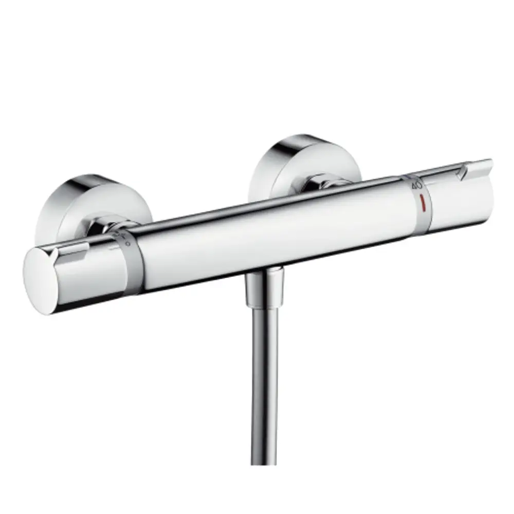Chromfarbener Brausethermostat von Hansgrohe mit zwei Drehreglern zur Temperatureinstellung, montiert auf einer Wand, für Dusche oder Bad.